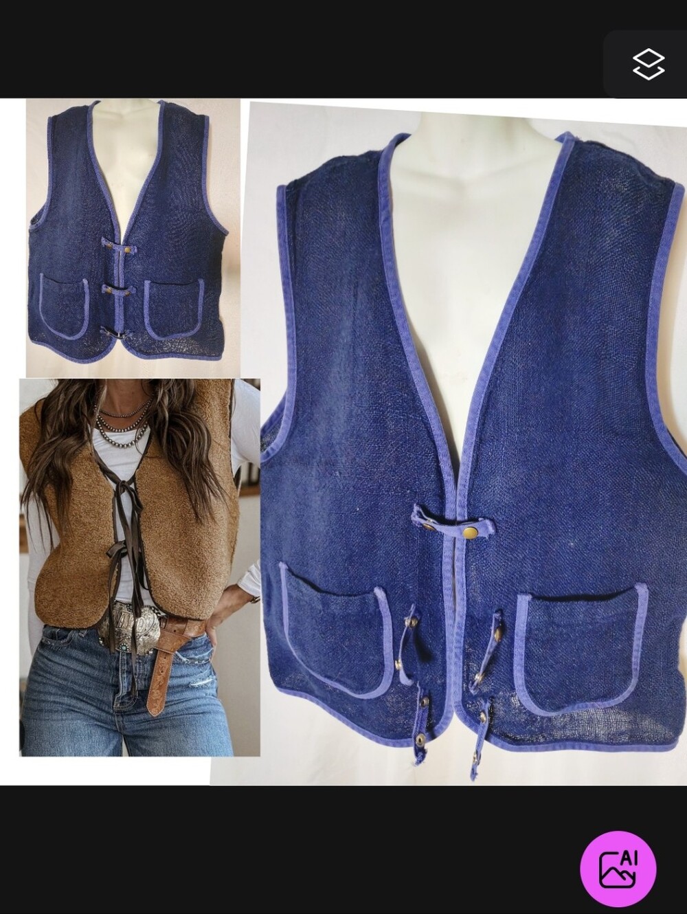 Cest Toi Burlap Utility Vest.  Blue.  New.  Sz xxl. Fits 16/18/20